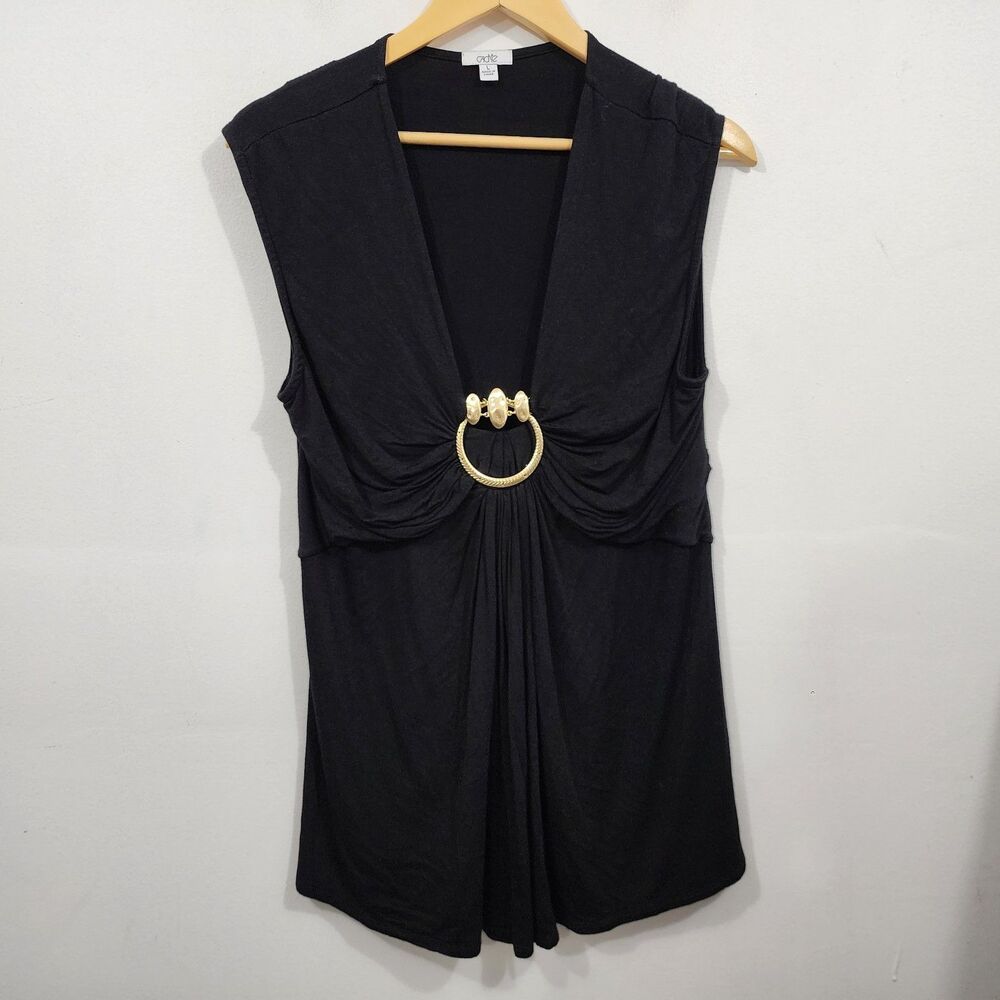 Vintage Cache 90s Y2K Sleeveless Black Knit Top Plunge Neck Gold Metal Accent L